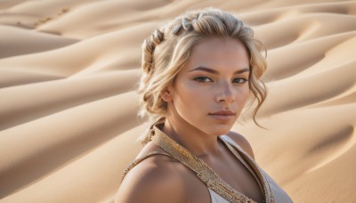 1girl,solo,looking at viewer,smile,short hair,blonde hair,bare shoulders,brown eyes,jewelry,upper body,earrings,parted lips,necklace,lips,portrait,freckles,realistic,nose,sand,desert,long hair,dress