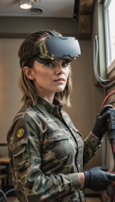 1girl,solo,looking at viewer,short hair,blue eyes,blonde hair,brown hair,gloves,long sleeves,holding,jacket,upper body,black gloves,indoors,medium hair,blurry,uniform,lips,grey eyes,military,military uniform,goggles,pocket,goggles on head,realistic,cable,camouflage,camouflage jacket,brown eyes,zipper,science fiction,nose,leather,dirty,leather jacket,head-mounted display,dirty face