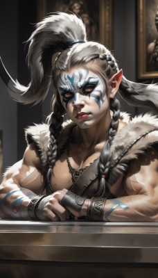 1girl,solo,long hair,breasts,looking at viewer,black hair,brown eyes,jewelry,upper body,ponytail,braid,white hair,male focus,multicolored hair,earrings,parted lips,pointy ears,artist name,necklace,blurry,twin braids,bracelet,lips,fur trim,tattoo,makeup,muscular,blurry background,scar,facial mark,table,high ponytail,nose,hair tie,muscular female,red lips,bracer,arm tattoo,facepaint,facial tattoo,biceps,tooth necklace,multiple braids,hair ornament,cleavage,medium breasts,collarbone,grey hair,sleeveless,mole,two-tone hair,orange eyes,piercing,lipstick,mole on breast,hair pulled back