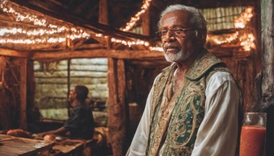 short hair,long sleeves,sitting,closed mouth,upper body,white hair,grey hair,male focus,multiple boys,glasses,solo focus,indoors,2boys,blurry,depth of field,blurry background,facial hair,looking away,chinese clothes,table,beard,robe,realistic,mustache,bald,architecture,old,east asian architecture,old man,hanfu,looking at viewer,shirt,1boy,jewelry,white shirt,necklace,vest,cup,window,profile,chair,bar (place),chandelier