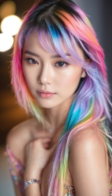 1girl,solo,long hair,breasts,looking at viewer,bangs,black hair,bare shoulders,brown eyes,jewelry,closed mouth,blue hair,upper body,pink hair,purple hair,nude,multicolored hair,earrings,parted lips,artist name,necklace,blurry,black eyes,bracelet,two-tone hair,lips,eyelashes,gradient hair,makeup,depth of field,blurry background,watermark,piercing,hand on own chest,web address,personification,freckles,pink lips,realistic,nose,rainbow hair,nail polish,ring,bokeh