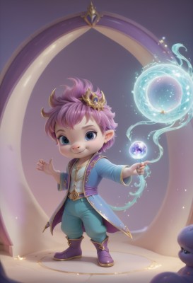 1girl,solo,looking at viewer,smile,short hair,blue eyes,shirt,long sleeves,1boy,holding,jewelry,closed mouth,standing,full body,white shirt,pink hair,purple hair,male focus,earrings,boots,open clothes,horns,pointy ears,belt,pants,artist name,star (symbol),coat,watermark,stuffed toy,stuffed animal,crown,gem,teddy bear,open coat,robe,wand,magic,orb,blue coat,yordle,hair ornament,staff,furry