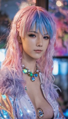 1girl,solo,long hair,breasts,looking at viewer,bangs,blue eyes,large breasts,cleavage,jewelry,medium breasts,closed mouth,blue hair,upper body,pink hair,multicolored hair,earrings,open clothes,necklace,bra,blurry,black eyes,two-tone hair,lips,depth of field,blurry background,wavy hair,gem,realistic,nose,green gemstone,shirt,artist name,eyelashes,open shirt,gradient hair,makeup,freckles,unbuttoned,bokeh,pearl necklace