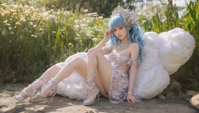 1girl,solo,long hair,breasts,looking at viewer,smile,bangs,skirt,hair ornament,bare shoulders,brown eyes,jewelry,medium breasts,sitting,closed mouth,underwear,blue hair,full body,flower,outdoors,day,hand up,hair flower,high heels,bracelet,lips,strapless,floral print,white footwear,white skirt,grass,white flower,rock,on ground,dress,necklace,white dress,lace,knees up,realistic