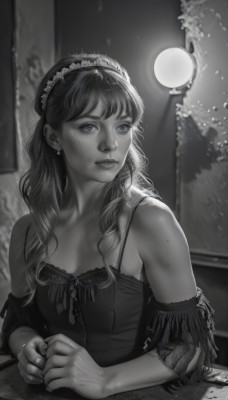 1girl,solo,long hair,breasts,bangs,blue eyes,hair ornament,dress,bare shoulders,jewelry,closed mouth,monochrome,upper body,greyscale,earrings,detached sleeves,artist name,indoors,off shoulder,mole,blurry,lips,looking to the side,watermark,looking away,table,ring,own hands together,freckles,spot color,realistic,nose,spaghetti strap,lamp,light bulb,cleavage,sitting,hairband,nail polish