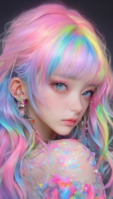 1girl,solo,long hair,looking at viewer,bangs,blue eyes,simple background,bare shoulders,jewelry,closed mouth,blue hair,upper body,pink hair,multicolored hair,earrings,looking back,from side,lips,streaked hair,eyelashes,tattoo,gradient hair,makeup,piercing,lipstick,black background,portrait,eyeshadow,freckles,pink lips,realistic,nose,eyeliner,colorful,mascara,rainbow hair,flower,blunt bangs,aqua hair,gem,ear piercing