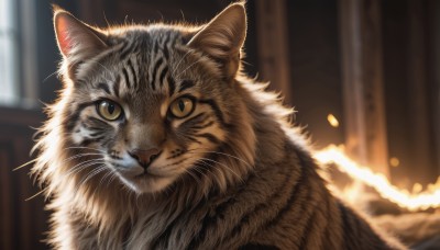 solo,looking at viewer,closed mouth,yellow eyes,indoors,blurry,no humans,window,depth of field,blurry background,animal,cat,realistic,animal focus,whiskers,signature,portrait,close-up,colored sclera,yellow sclera