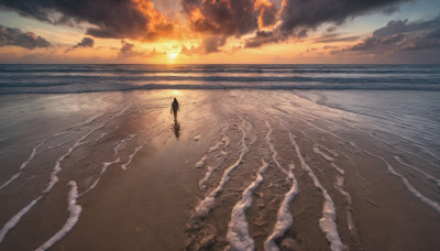 solo, outdoors, sky, cloud, water, dutch angle, ocean, beach, cloudy sky, scenery, sunset, sand, horizon, waves, shore, footprints