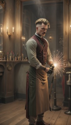 solo,short hair,blonde hair,shirt,gloves,long sleeves,1boy,standing,full body,white shirt,male focus,shoes,black gloves,pants,indoors,apron,vest,window,night,facial hair,brown footwear,wooden floor,realistic,mustache,candle,fireworks,brown vest,fireplace,sparkler,looking at viewer,holding,boots,necktie,collared shirt,black footwear,black pants,beard,red vest,brown pants,undercut,green vest