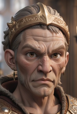 solo,looking at viewer,short hair,1boy,brown eyes,jewelry,closed mouth,white hair,grey hair,male focus,earrings,artist name,blurry,fur trim,blurry background,facial hair,portrait,beard,realistic,nose,old,old man,wrinkled skin,scar,crown,close-up