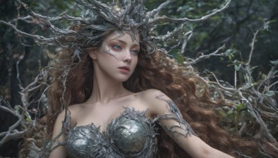 1girl,solo,long hair,breasts,blue eyes,brown hair,bare shoulders,collarbone,upper body,outdoors,parted lips,armor,blurry,tree,lips,depth of field,blurry background,wavy hair,looking away,plant,nature,forest,curly hair,realistic,fantasy,branch,medium breasts,very long hair,looking to the side,leaf,crown,nose,vines