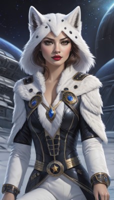 1girl,solo,breasts,looking at viewer,brown hair,long sleeves,animal ears,cleavage,brown eyes,jewelry,medium breasts,sitting,closed mouth,outdoors,sky,belt,pants,artist name,signature,hood,lips,fur trim,makeup,capelet,lipstick,brooch,gem,star (sky),web address,snow,hood up,starry sky,animal hood,white pants,nose,red lips,space,hooded capelet,short hair,black hair,cowboy shot,alternate costume,official alternate costume,buttons,watermark,realistic,planet,spacecraft,pelt