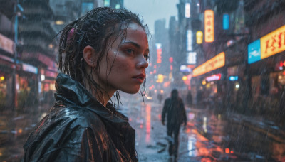 1girl, long hair, blue eyes, black hair, jacket, upper body, outdoors, solo focus, blurry, lips, night, blurry background, rain, city, realistic, nose, neon lights