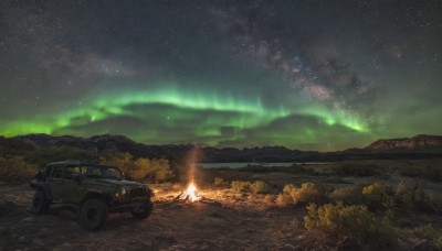 1girl,solo,dress,outdoors,sky,cloud,tree,night,glowing,grass,fire,ground vehicle,star (sky),nature,night sky,scenery,motor vehicle,forest,starry sky,mountain,car,road,vehicle focus,landscape,mountainous horizon,hill,aurora,milky way,weapon,sword,no humans,campfire