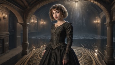 1girl,solo,breasts,looking at viewer,short hair,brown hair,long sleeves,dress,brown eyes,jewelry,closed mouth,standing,collarbone,sky,puffy sleeves,indoors,water,necklace,black eyes,black dress,lips,dutch angle,night,ocean,ring,juliet sleeves,scenery,lace,light particles,curly hair,stairs,arms at sides,light,candle,dark,pillar,church,arch,candlestand,chandelier,column,candlelight,smile,black hair,earrings,small breasts,makeup,red lips,fireworks