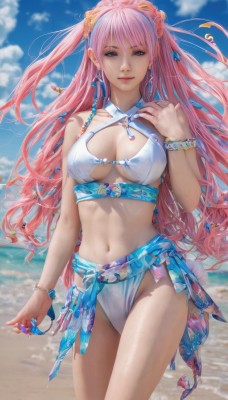 1girl,solo,long hair,breasts,looking at viewer,smile,bangs,large breasts,hair ornament,navel,cleavage,jewelry,medium breasts,very long hair,closed mouth,standing,swimsuit,pink hair,bikini,multicolored hair,cowboy shot,earrings,outdoors,sky,day,cloud,water,nail polish,bracelet,blue sky,lips,ocean,white bikini,beach,blue nails,realistic,sarong,blue eyes,flower,thighs,hairband,artist name,hand up,hair flower,stomach,blurry,two side up,watermark,cloudy sky,beads,bead bracelet