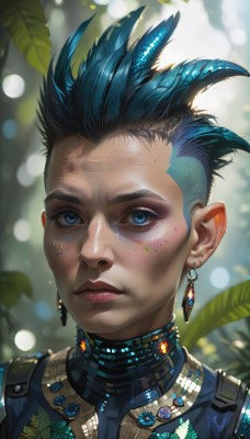 1girl,solo,looking at viewer,short hair,blue eyes,1boy,jewelry,closed mouth,blue hair,male focus,multicolored hair,earrings,horns,artist name,blurry,lips,eyelashes,makeup,depth of field,blurry background,leaf,piercing,plant,gem,portrait,freckles,realistic,nose,fantasy,mohawk,armor,mole,science fiction,cyborg,bokeh,cyberpunk