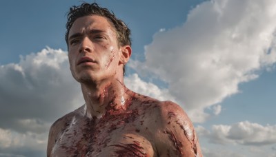 solo,short hair,black hair,1boy,closed mouth,upper body,male focus,nude,outdoors,parted lips,sky,day,cloud,black eyes,blue sky,lips,blood,cloudy sky,topless male,injury,blood on face,realistic,dirty,looking at viewer,blue eyes,blonde hair,muscular,pectorals,muscular male,portrait