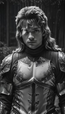 1girl,solo,long hair,looking at viewer,bangs,1boy,closed mouth,monochrome,upper body,greyscale,male focus,outdoors,artist name,armor,hair over one eye,blurry,lips,blurry background,shoulder armor,messy hair,nature,forest,pauldrons,breastplate,realistic,arms at sides,chainmail,plate armor,facial hair,scar