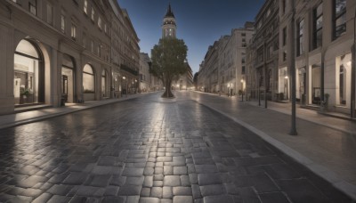 outdoors,sky,tree,no humans,window,night,shadow,plant,building,star (sky),night sky,scenery,starry sky,reflection,stairs,city,door,clock,potted plant,light,road,bush,lamppost,street,tower,pavement,blue sky,architecture,arch,stone floor,vanishing point,brick floor