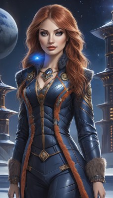 1girl,solo,long hair,breasts,looking at viewer,brown hair,long sleeves,cleavage,brown eyes,jewelry,medium breasts,standing,cowboy shot,earrings,sky,belt,pants,necklace,lips,coat,fur trim,bodysuit,makeup,night,moon,lipstick,gem,star (sky),night sky,pendant,starry sky,arms at sides,red lips,space,planet,red hair,artist name,orange hair,freckles,realistic,earth (planet)