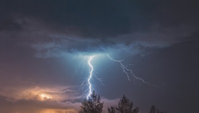 outdoors,sky,cloud,tree,no humans,cloudy sky,nature,scenery,forest,sunset,mountain,sun,electricity,lightning,landscape