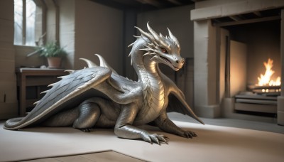 HQ,solo,looking at viewer,red eyes,tail,full body,wings,horns,indoors,no humans,window,fire,plant,claws,colored sclera,dragon,potted plant,scales,fireplace,lying,table,smoke