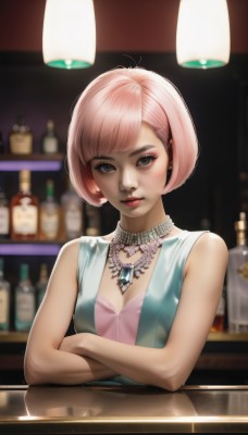 1girl,solo,breasts,looking at viewer,short hair,bangs,hair ornament,dress,cleavage,bare shoulders,jewelry,closed mouth,upper body,pink hair,small breasts,sleeveless,hairclip,indoors,necklace,blurry,black eyes,lips,grey eyes,eyelashes,makeup,blurry background,crossed arms,bob cut,bottle,alcohol,eyeshadow,nose,eyeliner,mascara,bar (place),counter,blue eyes,earrings,swept bangs,pink dress,realistic