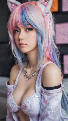 1girl,solo,long hair,breasts,looking at viewer,bangs,large breasts,hair ornament,animal ears,cleavage,bare shoulders,jewelry,medium breasts,closed mouth,underwear,green eyes,blue hair,collarbone,upper body,pink hair,flower,ahoge,white hair,multicolored hair,detached sleeves,open clothes,indoors,cat ears,necklace,bra,blurry,two-tone hair,lips,streaked hair,looking to the side,grey eyes,gradient hair,blurry background,floral print,white bra,realistic,nose,earrings,artist name,eyelashes,makeup,fake animal ears,piercing,ear piercing,mascara