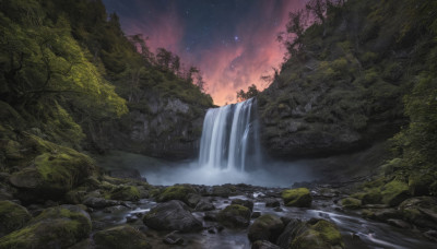 outdoors, sky, water, tree, no humans, night, star (sky), nature, night sky, scenery, forest, starry sky, rock, waterfall