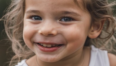 1girl,solo,long hair,looking at viewer,smile,open mouth,blue eyes,blonde hair,brown hair,:d,teeth,black eyes,lips,grey eyes,portrait,close-up,realistic,nose,grin,eyelashes,parody