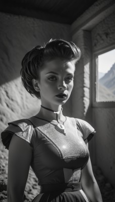 1girl,solo,breasts,looking at viewer,short hair,dress,jewelry,medium breasts,closed mouth,standing,monochrome,upper body,short sleeves,greyscale,parted lips,choker,artist name,indoors,necklace,blurry,lips,blurry background,spot color,realistic,nose,arms at sides,long sleeves,window,freckles