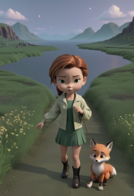 1girl,solo,long hair,looking at viewer,skirt,brown hair,dress,green eyes,jacket,braid,flower,boots,outdoors,sky,day,cloud,collar,single braid,shadow,animal,grass,aged down,child,walking,dog,mountain,leash,female child,road,field,fox,path,holding leash,long sleeves,full body,signature,lips,night,cloudy sky,green skirt,green dress