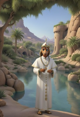 solo,looking at viewer,smile,blue eyes,brown hair,1boy,hat,jewelry,standing,full body,male focus,outdoors,sky,shoes,day,dark skin,water,necklace,bracelet,tree,brown footwear,crown,nature,scenery,reflection,robe,rock,palm tree,river,lake,white robe,1girl,short hair,open mouth,dark-skinned female,plant