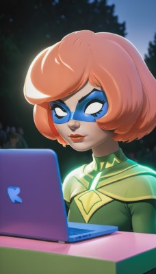 1girl,solo,short hair,bangs,closed mouth,upper body,outdoors,solo focus,artist name,cape,orange hair,tree,lips,bodysuit,makeup,mask,lipstick,red lips,computer,superhero,laptop,domino mask,green bodysuit,breasts,heart,sky,night,swept bangs,glowing,night sky,glowing eyes,nose,white eyes