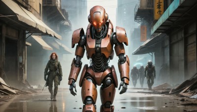 HQ,holding,standing,weapon,multiple boys,2boys,holding weapon,armor,uniform,gun,military,military uniform,glowing,3boys,helmet,robot,building,holding gun,mecha,glowing eyes,rifle,walking,science fiction,city,realistic,glowing eye,ruins,soldier,cyberpunk,humanoid robot,1girl,looking at viewer,brown hair,red eyes,outdoors,running,sign,road,assault rifle,multiple others,street,fog,dust