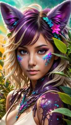 1girl,solo,breasts,looking at viewer,smile,short hair,bangs,blonde hair,brown hair,hair ornament,animal ears,cleavage,brown eyes,jewelry,medium breasts,closed mouth,upper body,purple hair,flower,multicolored hair,artist name,cat ears,hair flower,necklace,blurry,two-tone hair,lips,animal ear fluff,fox ears,eyelashes,gradient hair,makeup,swept bangs,leaf,watermark,facial mark,plant,lipstick,portrait,pink flower,eyeshadow,pink lips,realistic,nose,eyeliner,mascara,long hair,large breasts,nail polish,torn clothes,sunlight,tank top,messy hair,light particles,freckles,facepaint,dirty