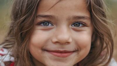 1girl,solo,looking at viewer,smile,blue eyes,brown hair,brown eyes,parted lips,teeth,blurry,lips,heterochromia,portrait,close-up,realistic,nose,long hair,closed mouth,eyelashes