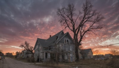 outdoors,sky,cloud,tree,no humans,window,cloudy sky,grass,ground vehicle,building,scenery,sunset,fence,door,road,house,lamppost,bare tree,twilight,path,chimney,bird,motor vehicle,car,ruins,power lines,evening,dusk,broken window