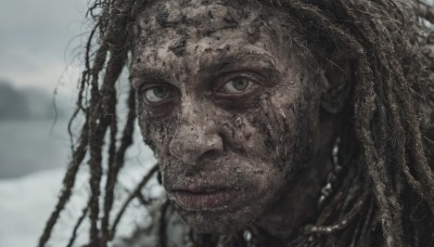 solo,long hair,looking at viewer,1boy,brown eyes,jewelry,closed mouth,male focus,outdoors,dark skin,necklace,blurry,lips,blurry background,portrait,realistic,dreadlocks,brown hair,black hair,earrings,sky,grey eyes,facial hair,dark-skinned male,beard,close-up