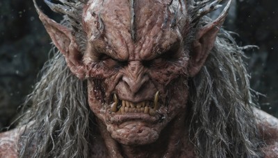 solo,long hair,looking at viewer,1boy,male focus,horns,teeth,pointy ears,blurry,blurry background,fangs,scar,sharp teeth,clenched teeth,portrait,realistic,tusks,grey hair,blood,angry,close-up,veins,oni