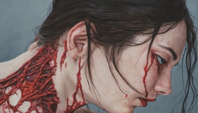 1girl,solo,long hair,blue eyes,simple background,brown hair,black hair,1boy,closed mouth,male focus,grey background,from side,lips,blood,profile,portrait,injury,blood on face,realistic,nose,red lips,bleeding,guro,short hair,messy hair,close-up,veins