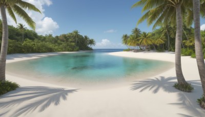 outdoors,sky,day,cloud,water,tree,blue sky,no humans,shadow,ocean,beach,cloudy sky,nature,scenery,reflection,sand,palm tree,horizon,shade,summer,shore,plant,forest,bush