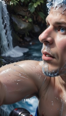 solo,looking at viewer,short hair,blue eyes,1boy,nipples,male focus,nude,outdoors,parted lips,teeth,water,blurry,lips,wet,muscular,facial hair,pectorals,muscular male,bara,beard,close-up,veins,topless male,mature male,realistic,nose,mustache,wet hair,old,chest hair,old man,waterfall,armpit hair,upper body,artist name,blurry background,leaf,water drop