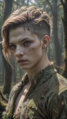 1girl,solo,looking at viewer,short hair,blue eyes,blonde hair,brown hair,shirt,hair ornament,jewelry,green eyes,jacket,upper body,flower,earrings,outdoors,parted lips,open clothes,teeth,day,mole,blurry,tree,lips,blurry background,piercing,portrait,nature,forest,freckles,realistic,nose,green shirt,undercut,1boy,male focus,collared shirt,artist name,torn clothes,eyelashes,depth of field,watermark,sunlight,plant,very short hair,dappled sunlight,dirty,dirty face