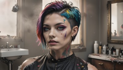 1girl,solo,looking at viewer,short hair,bangs,blue eyes,shirt,black hair,hair ornament,bare shoulders,jewelry,closed mouth,blue hair,pink hair,multicolored hair,earrings,parted lips,artist name,indoors,two-tone hair,lips,torn clothes,black shirt,blood,tattoo,makeup,piercing,lipstick,ear piercing,portrait,eyeshadow,freckles,reflection,asymmetrical hair,mirror,realistic,nose,asymmetrical bangs,red lips,arm tattoo,facepaint,undercut,mascara,neck tattoo,nose piercing,green eyes,upper body,purple hair,green hair,sleeveless,blurry,eyelashes,sleeveless shirt,watermark,bottle,messy hair,web address,eyeliner,facial tattoo,dirty,sink,dirty face,eyebrow piercing