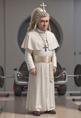 solo,long hair,looking at viewer,blonde hair,long sleeves,1boy,dress,brown eyes,jewelry,closed mouth,standing,full body,grey hair,male focus,earrings,shoes,indoors,necklace,black footwear,white dress,capelet,facial hair,parody,cross,ground vehicle,motor vehicle,robe,realistic,nose,cross necklace,white capelet,old,cross earrings,latin cross,wrinkled skin,1girl,holding,ponytail,white hair,artist name,white robe,priest