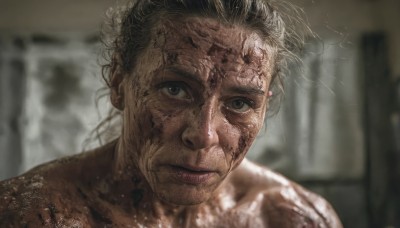 1girl,solo,looking at viewer,short hair,black hair,1boy,closed mouth,male focus,nude,indoors,blurry,black eyes,lips,wet,grey eyes,depth of field,blurry background,scar,messy hair,portrait,realistic,dirty,wrinkled skin,blonde hair,upper body,artist name,signature,blood,blood on face