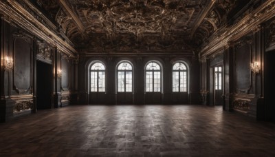 day,indoors,no humans,window,sunlight,scenery,reflection,light rays,wooden floor,stairs,door,light,candle,architecture,pillar,hallway,carpet,church,arch,candlestand,reflective floor,chandelier,chair,table,fire,fantasy,tiles,tile floor,throne,floor,ceiling,fireplace