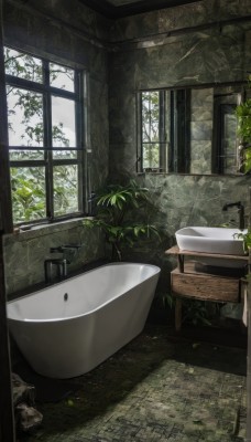 day,indoors,water,tree,no humans,window,leaf,table,plant,scenery,tiles,potted plant,ruins,bathroom,bathtub,sink,faucet,overgrown